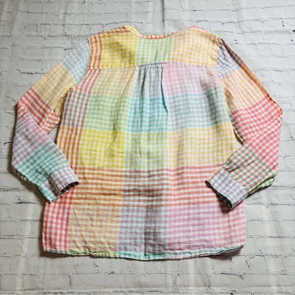 Lands End Women’s Petite M Pastel Patchwork Gingham Plaid Linen Rainbow Top - Picture 10 of 11